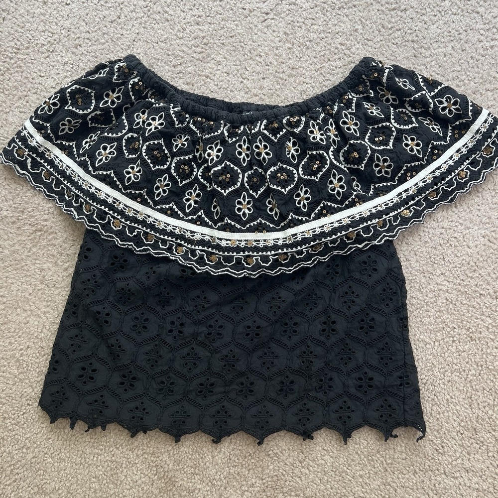 Hemant & Nandita Black Eyelet Off-the-shoulder Top Embroidery Sequins Size XS